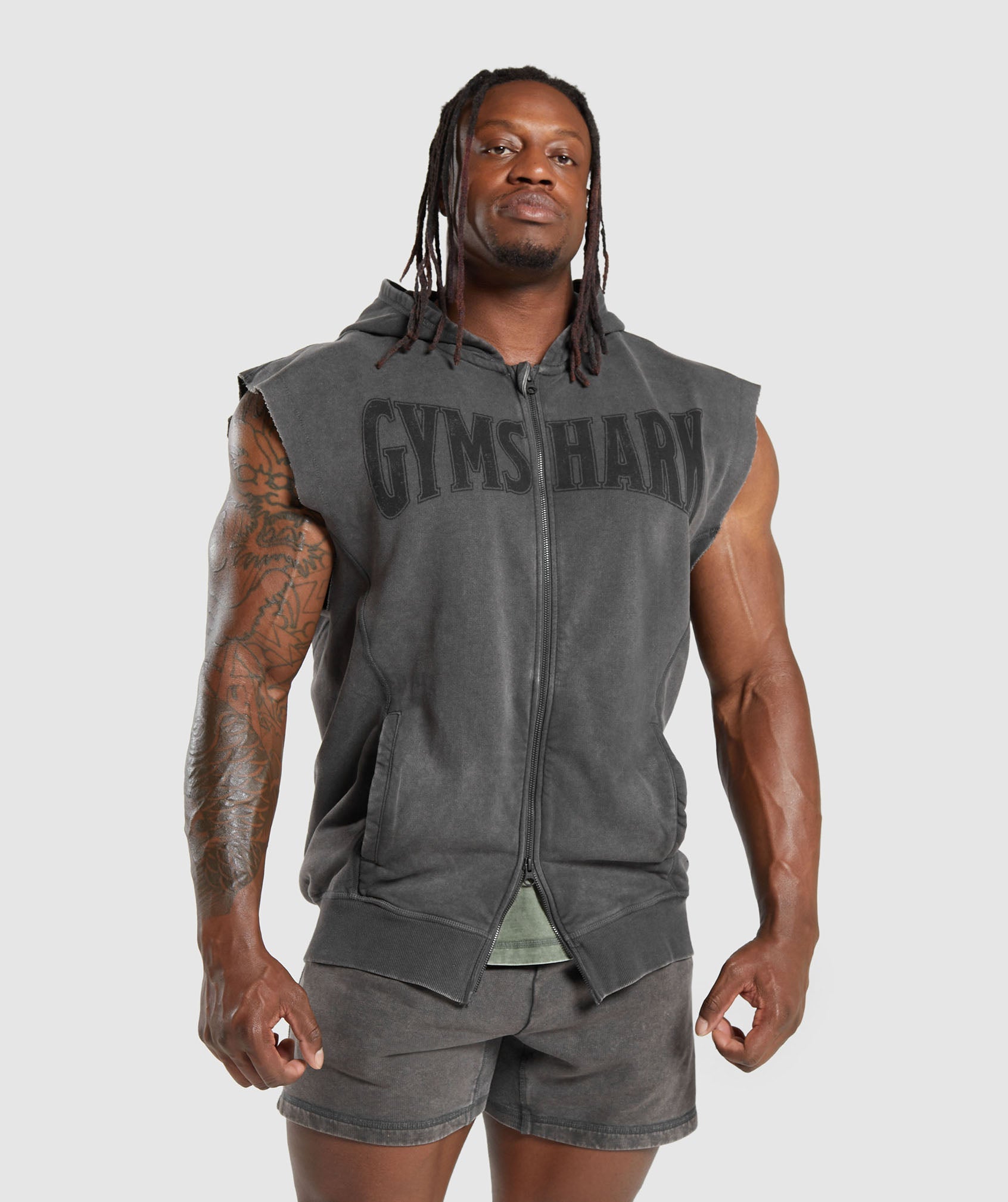 Heritage Washed Sleeveless Zip Hoodie Onyx Grey